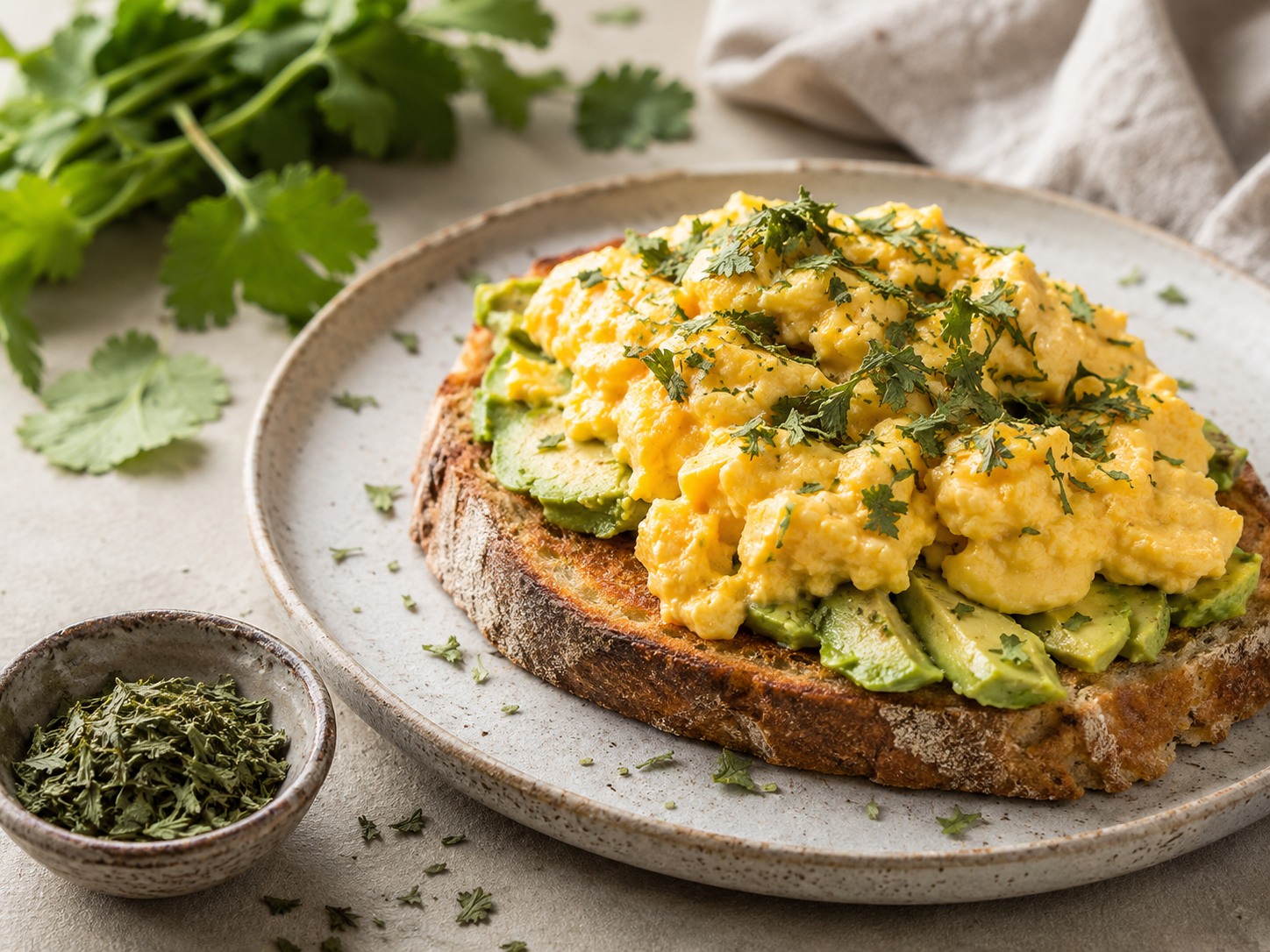 Scrambled eggs and avocado toast generously finished with organic dried cilantro leaf