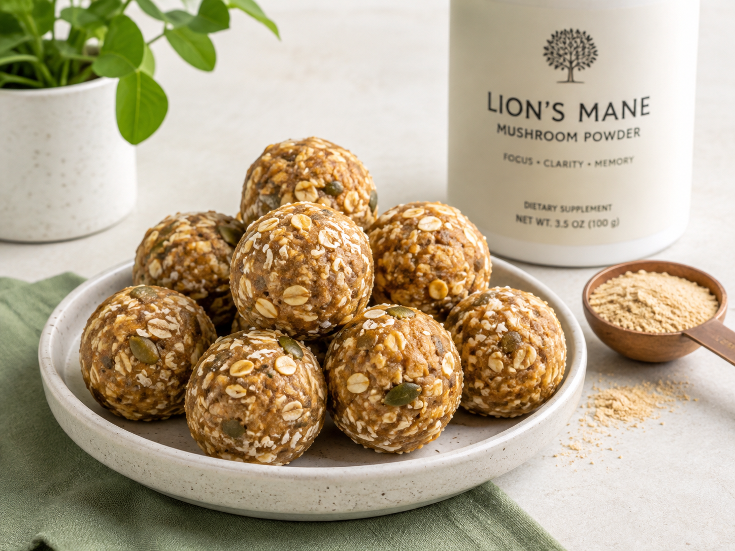 No-bake oat and seed energy bites made with lion's mane powder