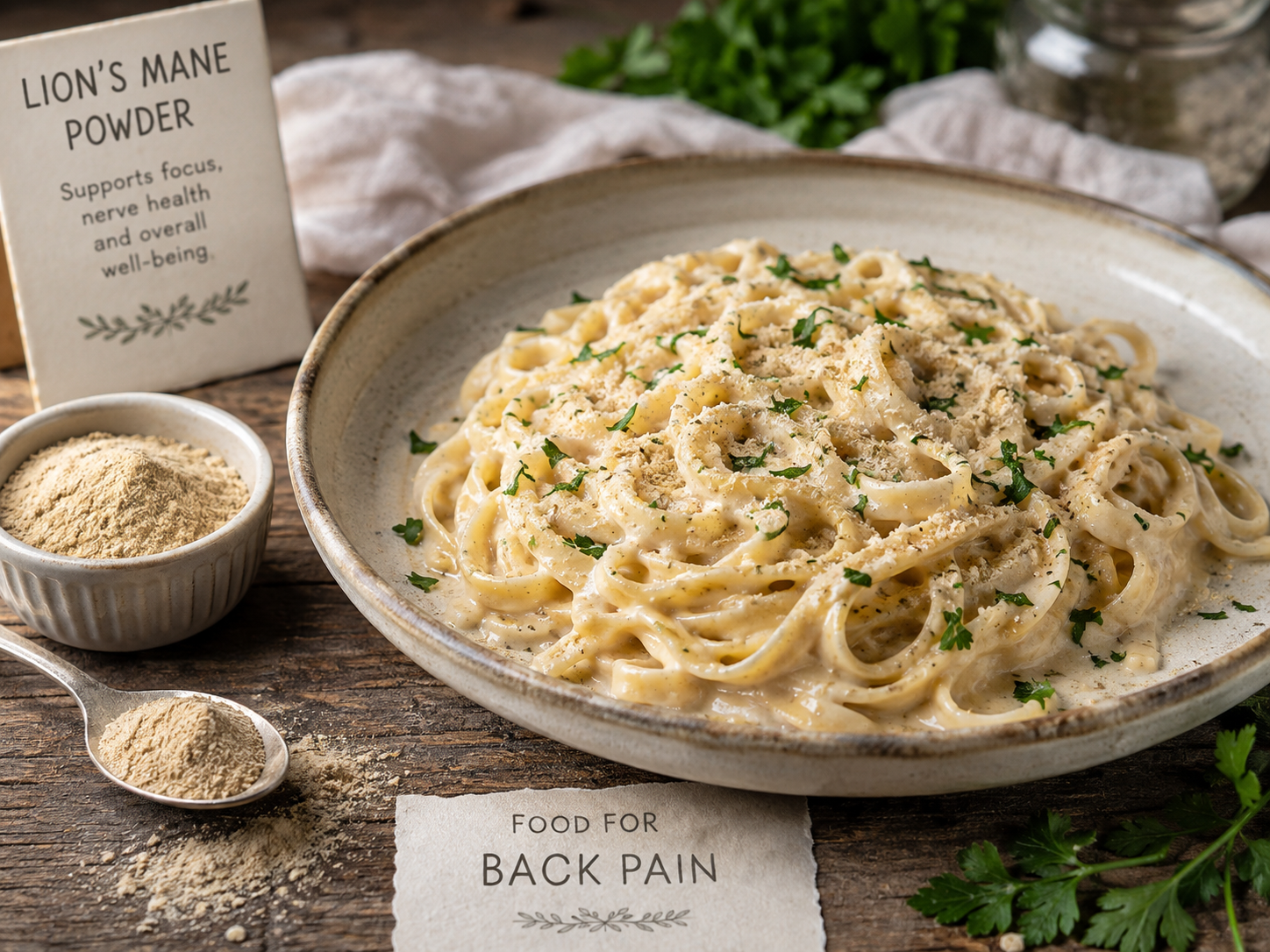 Creamy garlic pasta with lion's mane powder incorporated into the sauce