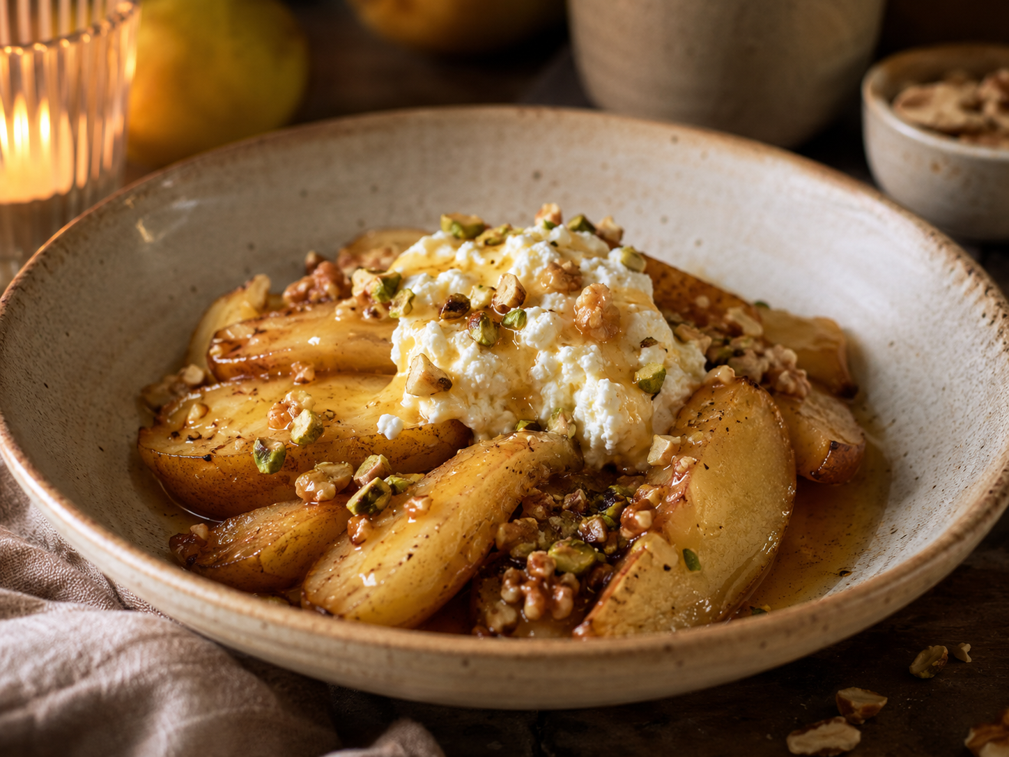 Warm baked pears with ricotta and chopped nuts.