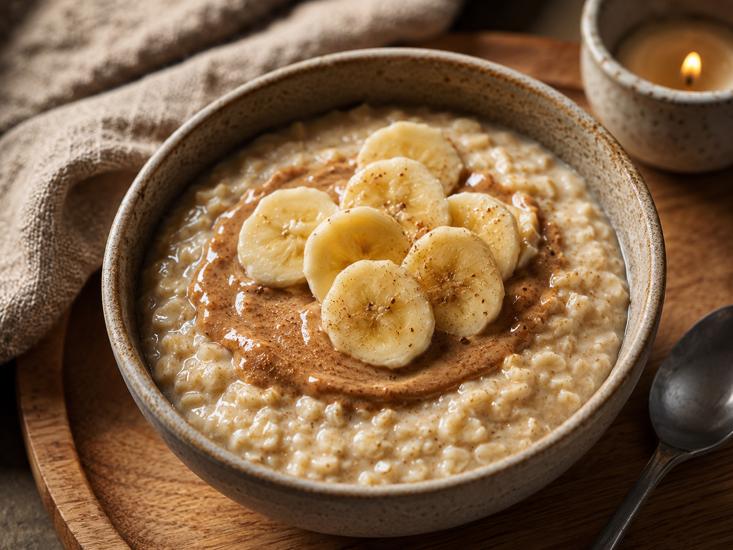 Creamy oat bowl with banana slices and almond butter.