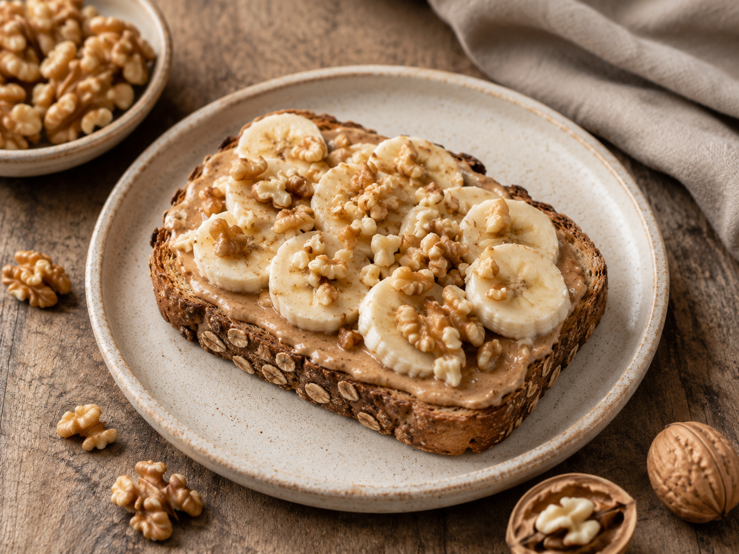 Whole-grain toast with nut butter, banana slices, and chopped walnuts.