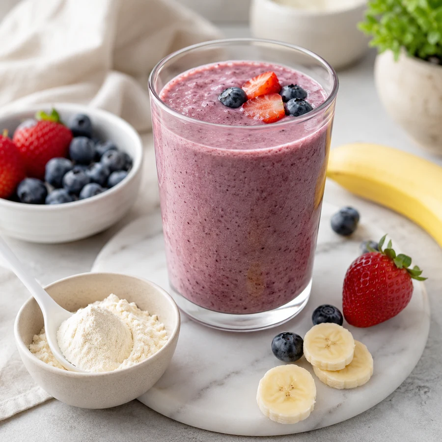 Berry banana collagen smoothie with strawberries, blueberries, banana and collagen powder.