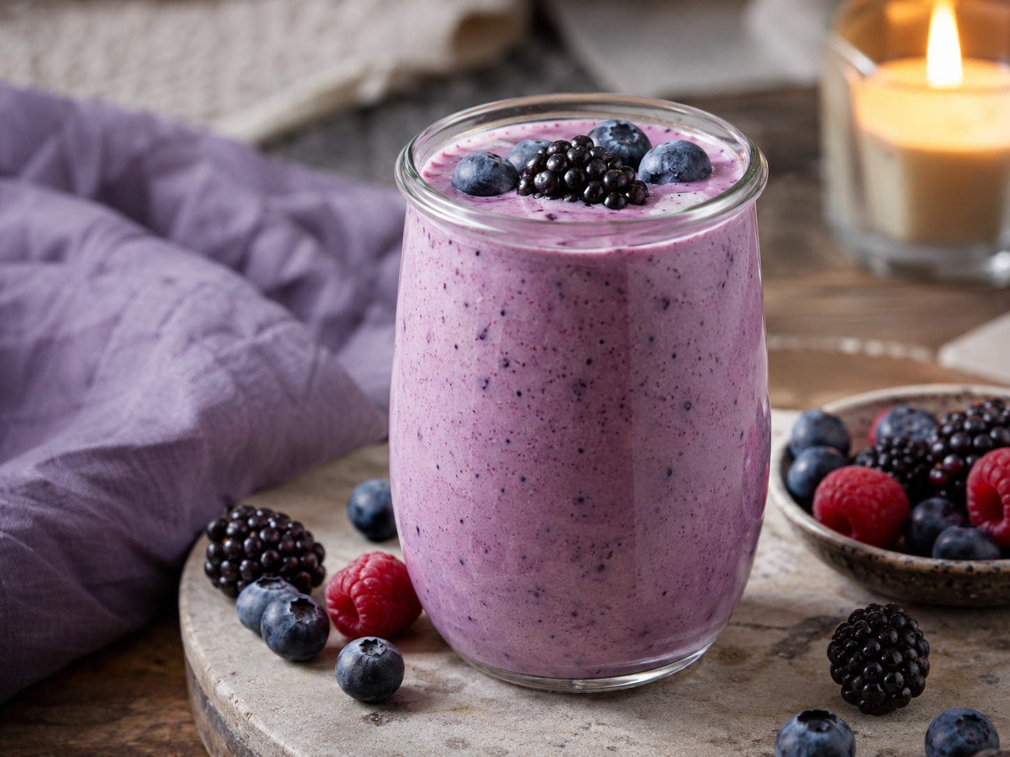 Berry smoothie in a glass with berries and candlelight.