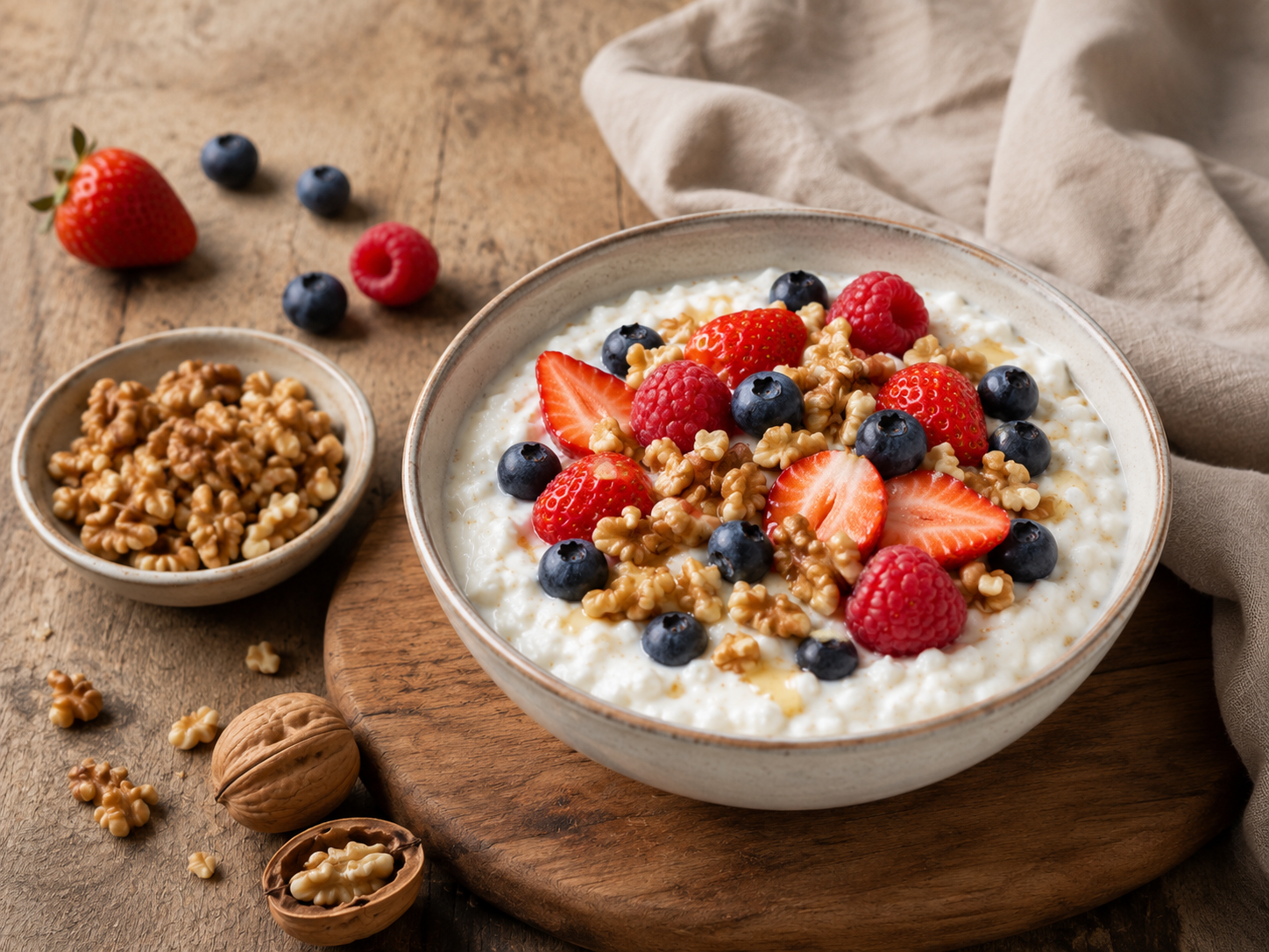 Cottage cheese bowl with berries and chopped walnuts.