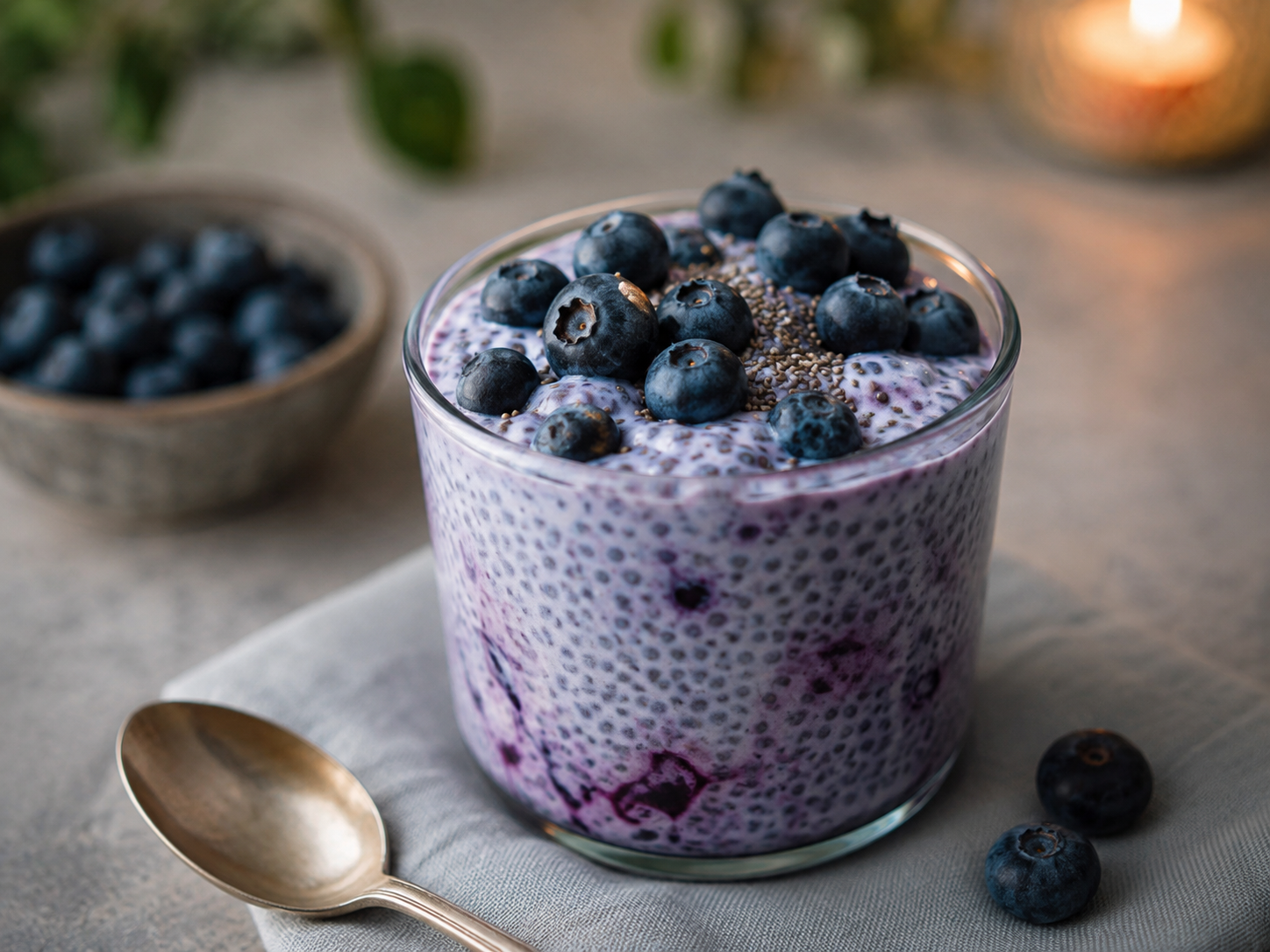 Blueberry chia pudding in a glass cup.