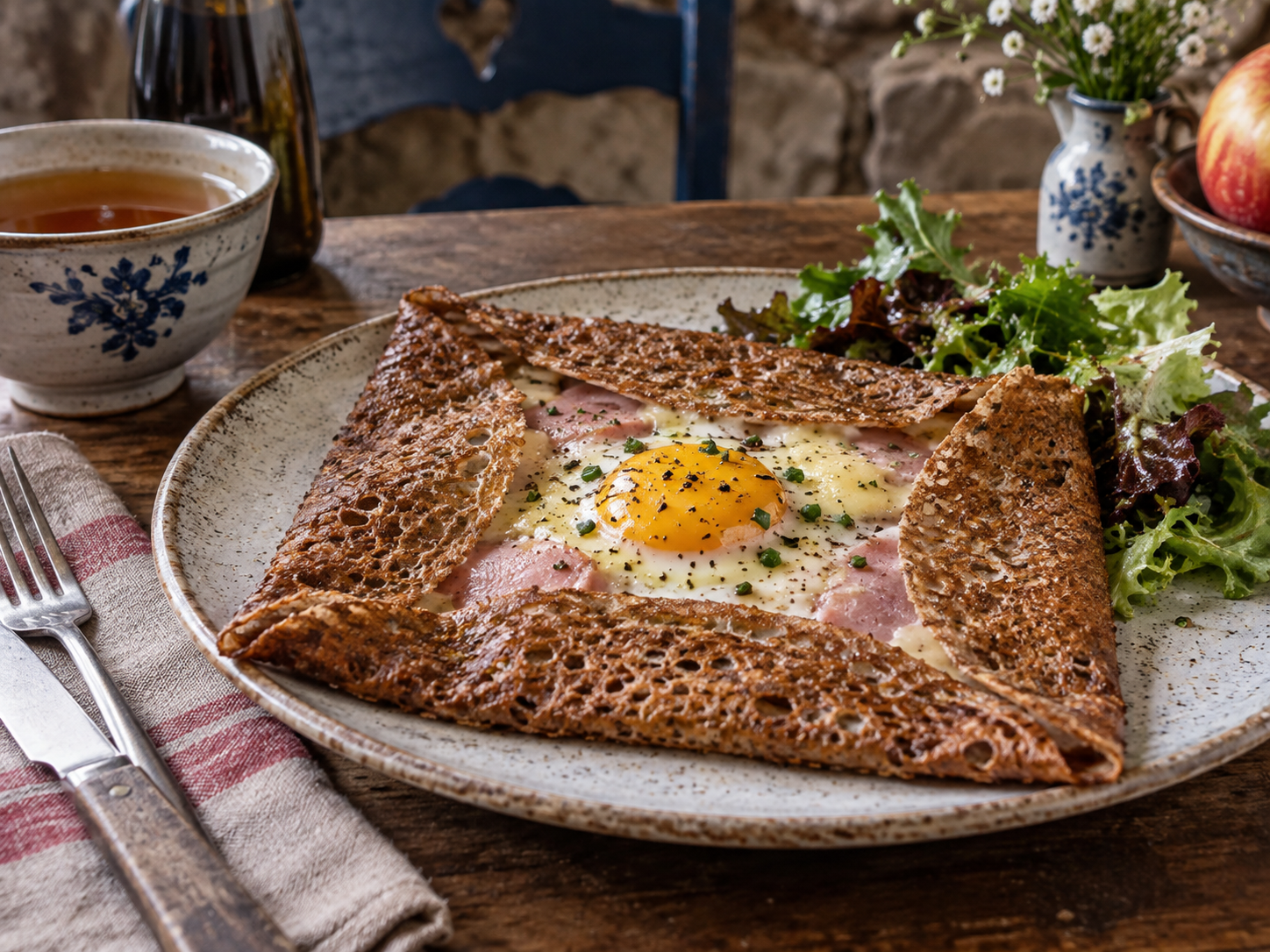 Breton buckwheat galette with egg, ham and cheese.