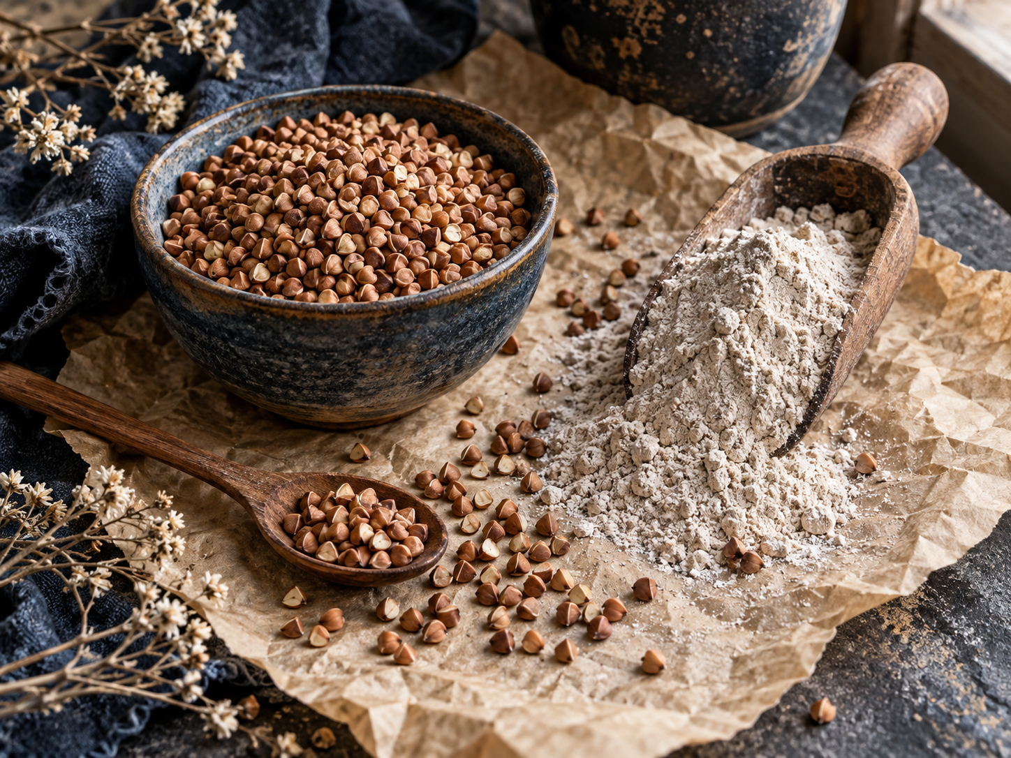 Buckwheat seeds and flour on a rustic table