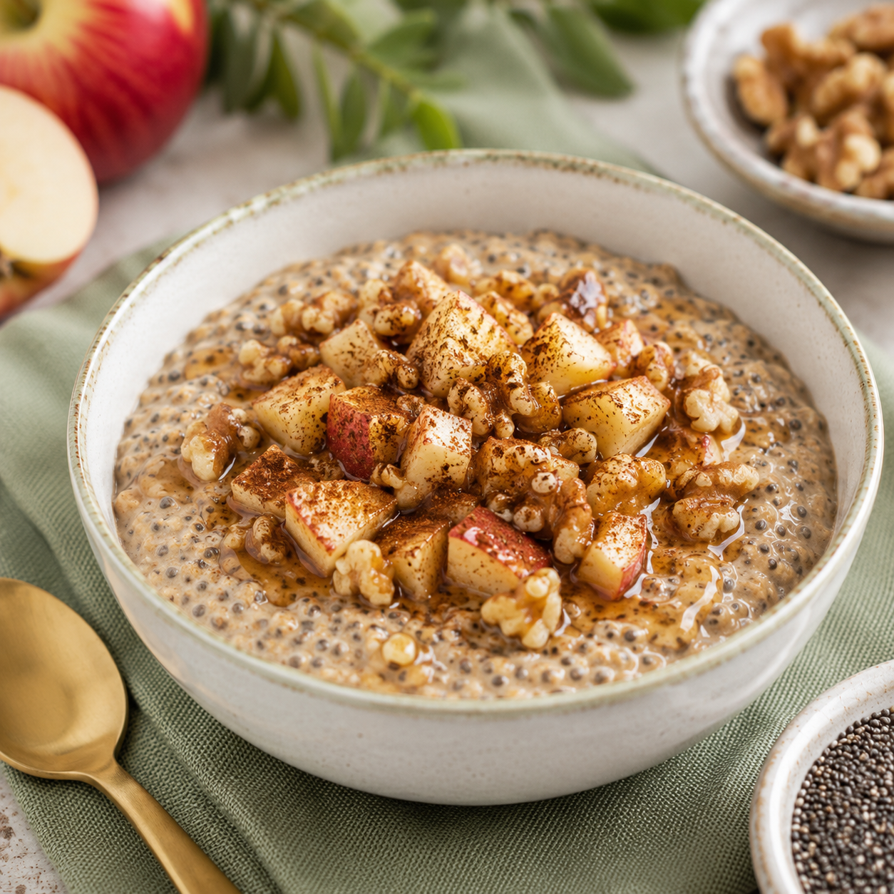 Warm apple pie chia breakfast bowl topped with walnuts