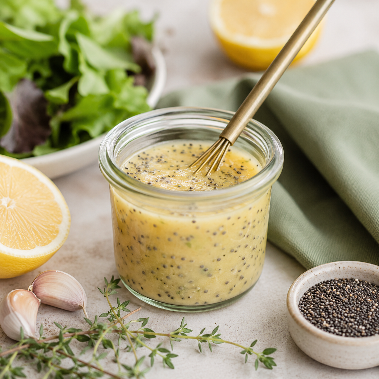 Lemon garlic chia dressing in a jar with a whisk