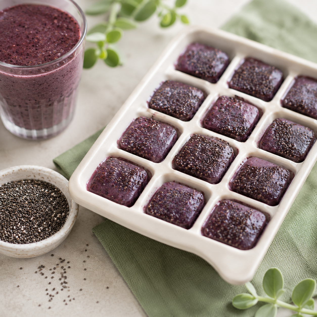 Chia smoothie freezer cubes on a plate