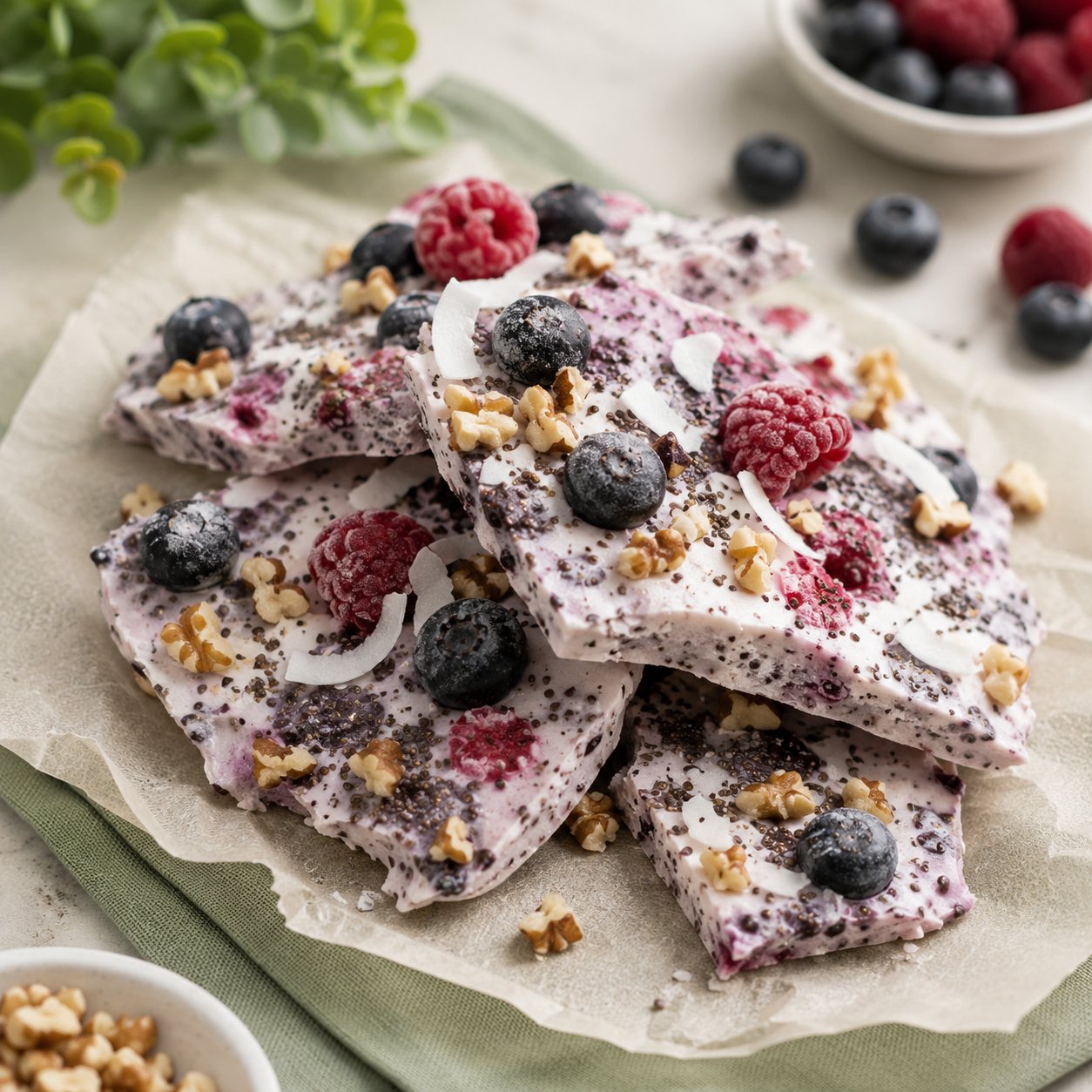 Frozen berry chia yogurt bark broken into pieces