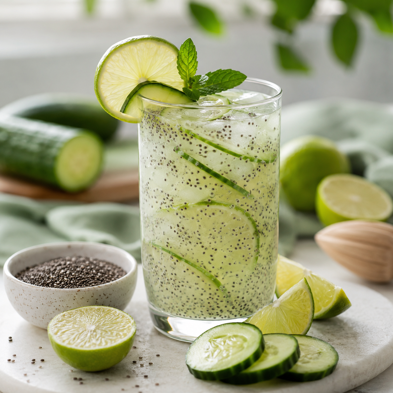 Cucumber lime chia refresher drink with lime slices