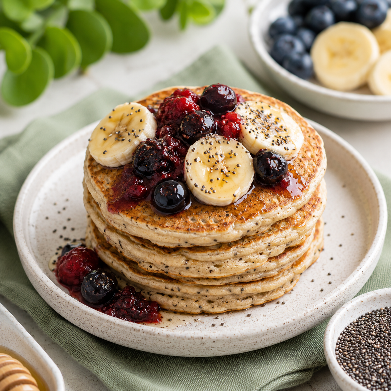 Stack of banana chia pancakes with banana slices
