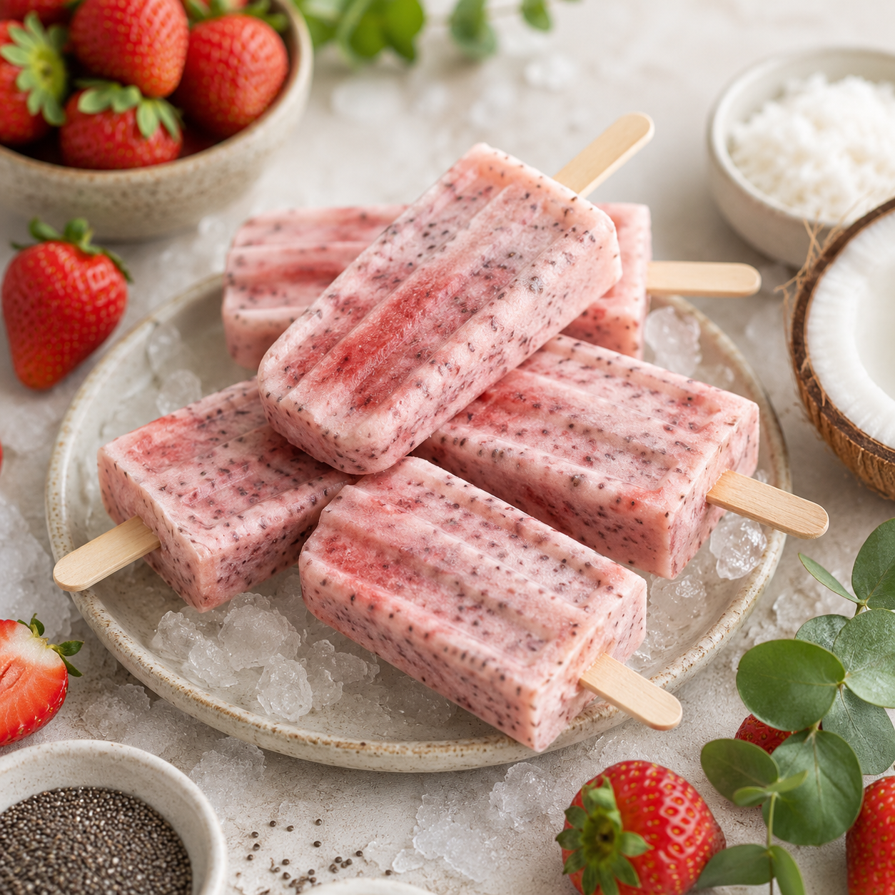 Strawberry coconut chia freezer pops on a plate