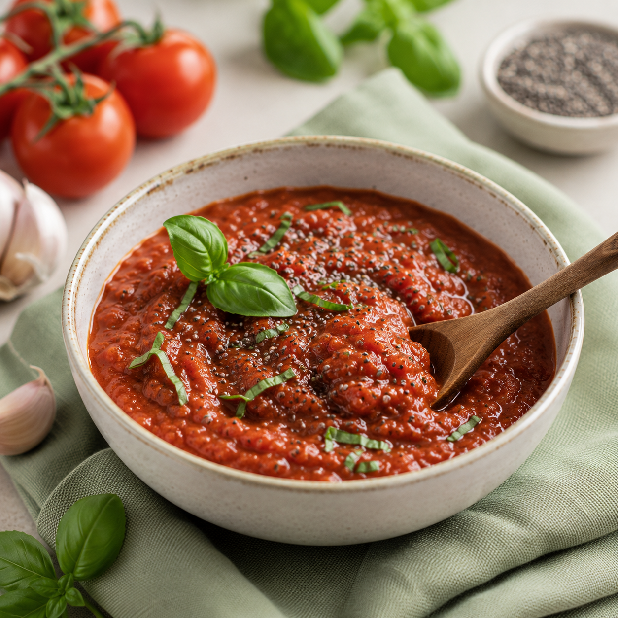 Savory tomato chia sauce in a bowl with basil
