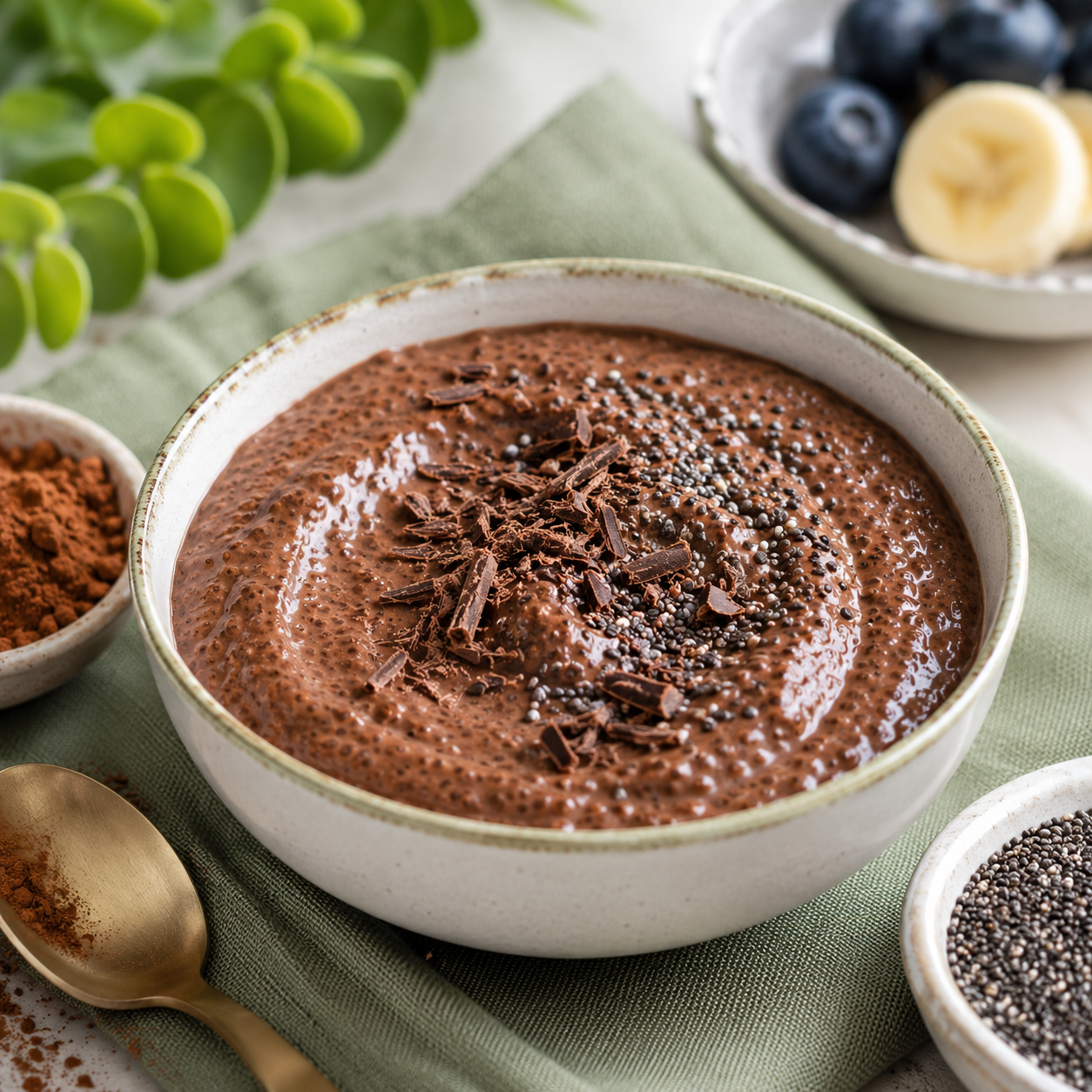 Silky chocolate chia cream in a small glass bowl