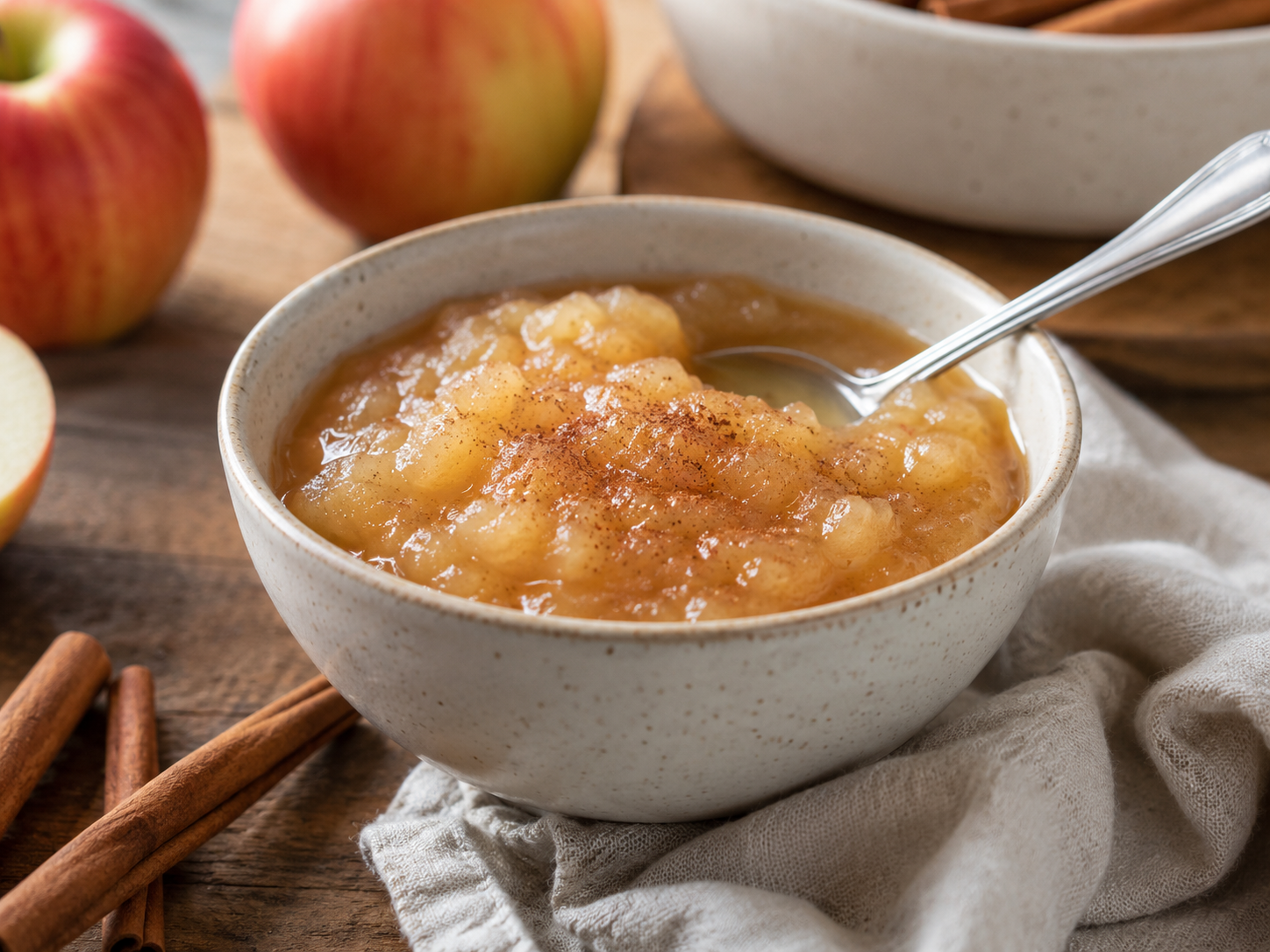 Warm applesauce in a ceramic bowl with cinnamon.