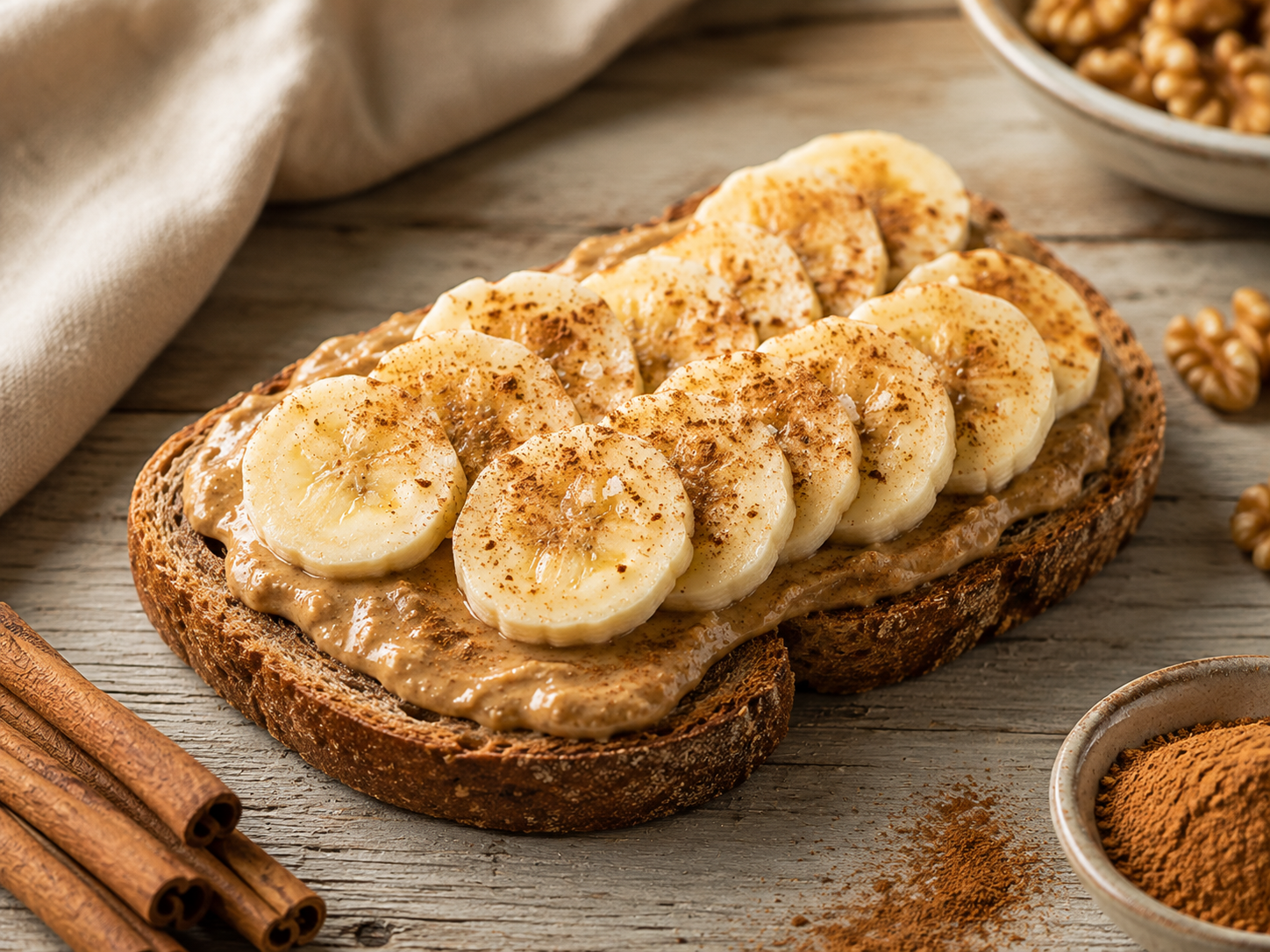 Banana nut butter toast dusted with Ceylon cinnamon