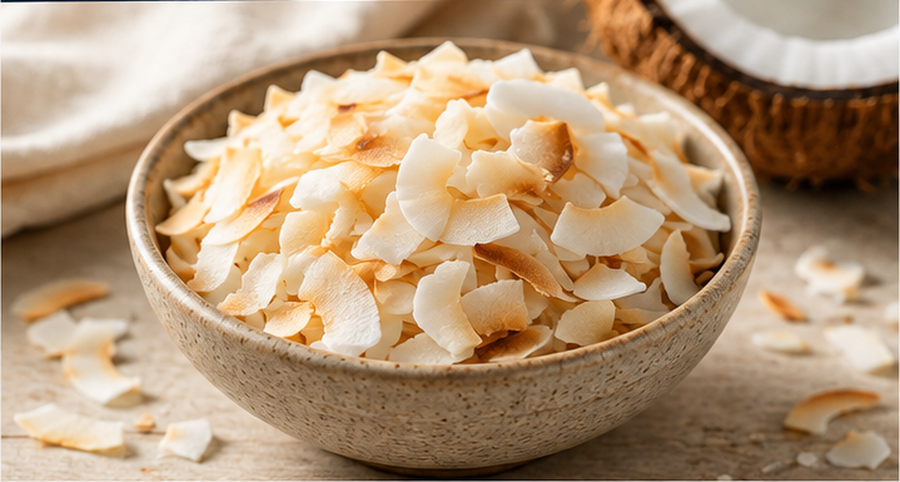 Bowl of unsweetened coconut flakes, lightly toasted and ready for sweet or savoury food ideas