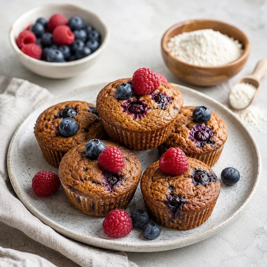 Berry collagen muffins served with fresh berries and collagen powder.
