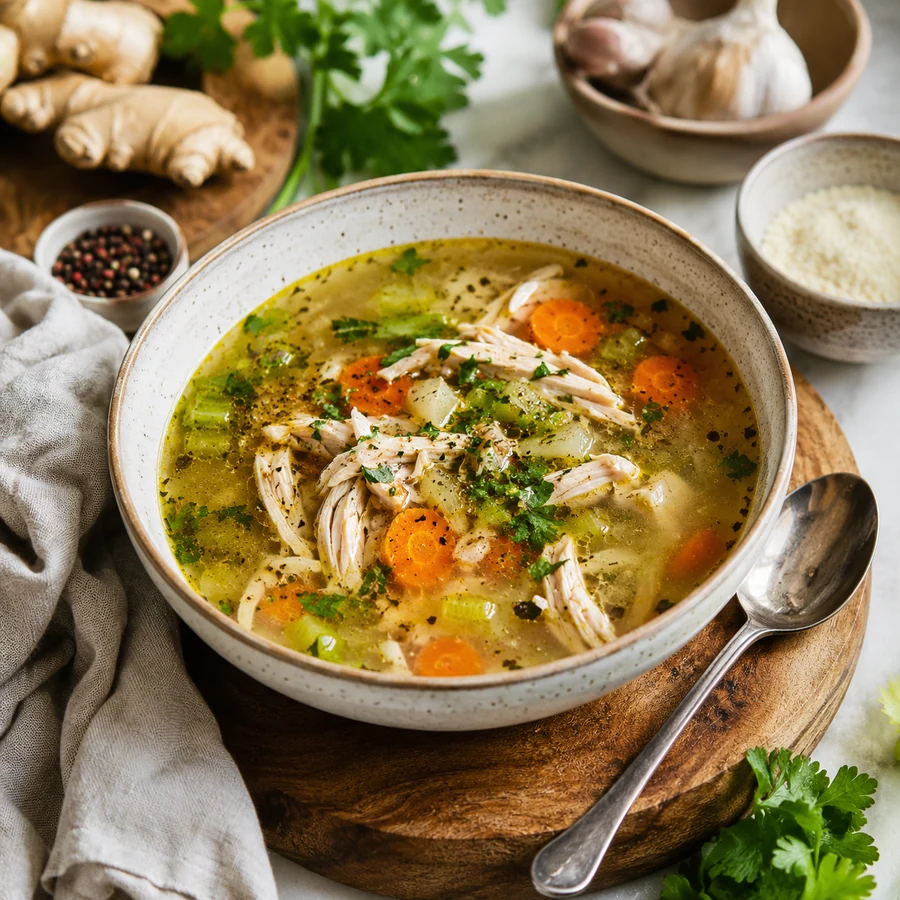 Warm chicken and vegetable soup as a savoury way to use collagen peptides.