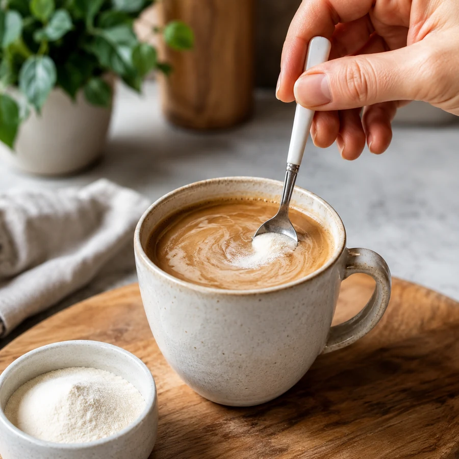Collagen peptides being stirred smoothly into a warm mug of coffee.
