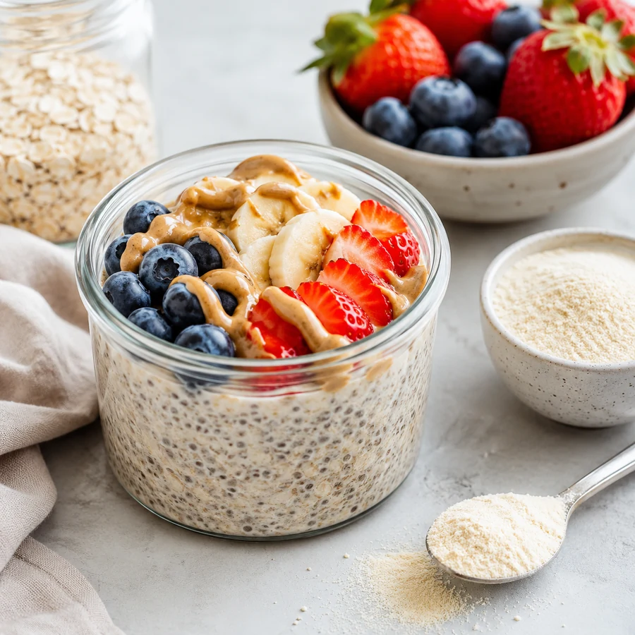 Overnight collagen oats with berries, banana and nut butter.
