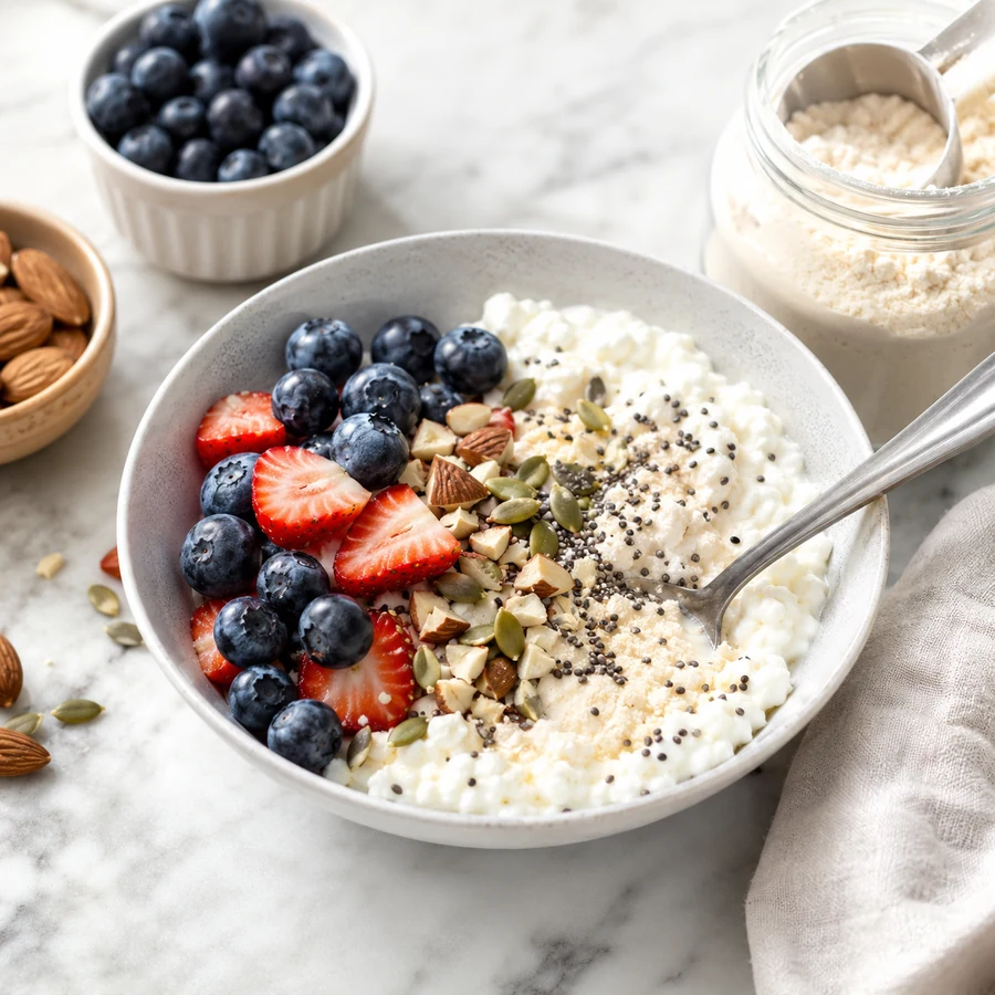 Berry yogurt or cottage-cheese bowl with nuts, seeds and collagen powder.