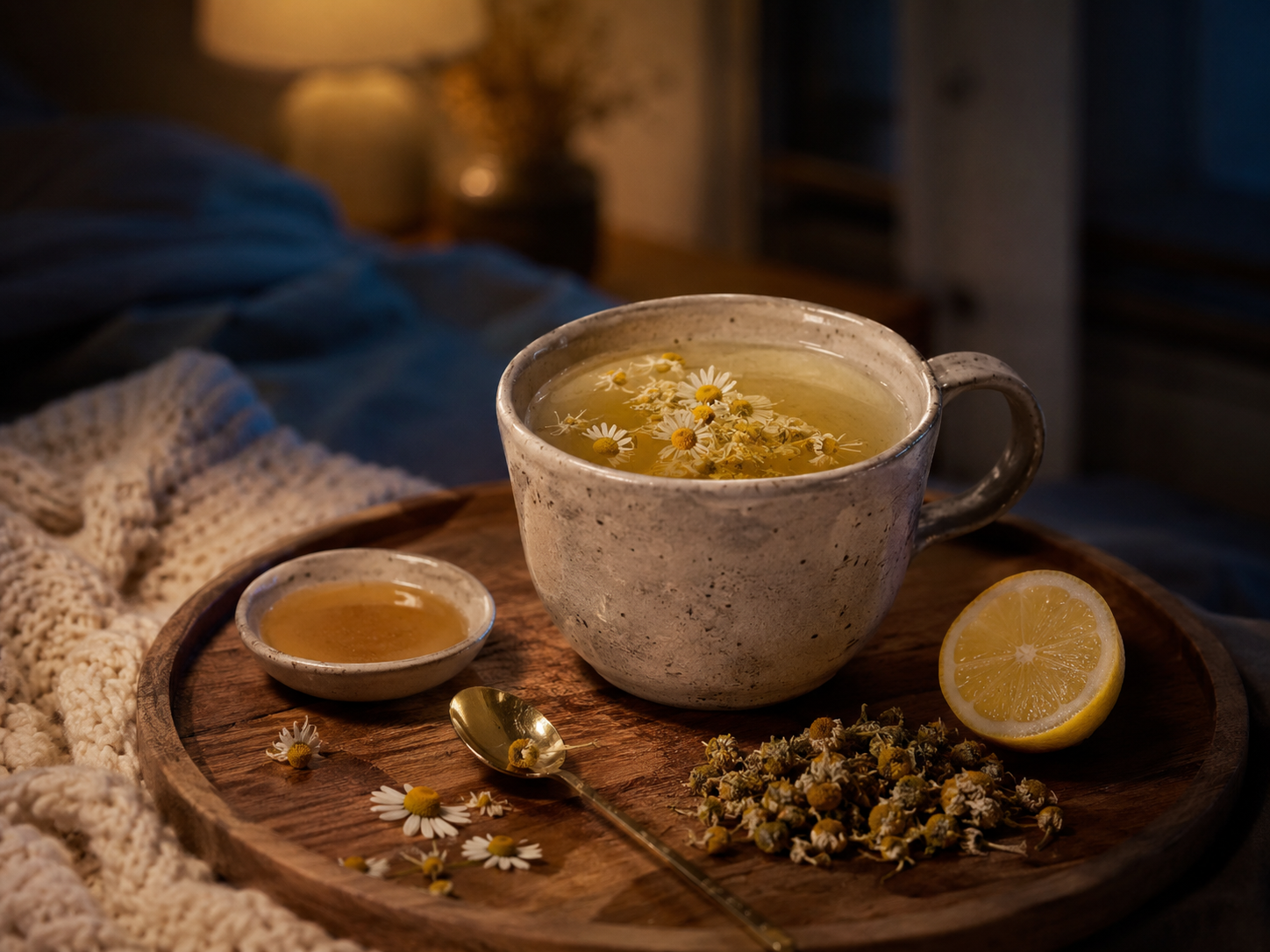 Chamomile tea with honey and lemon on a tray by lamplight.