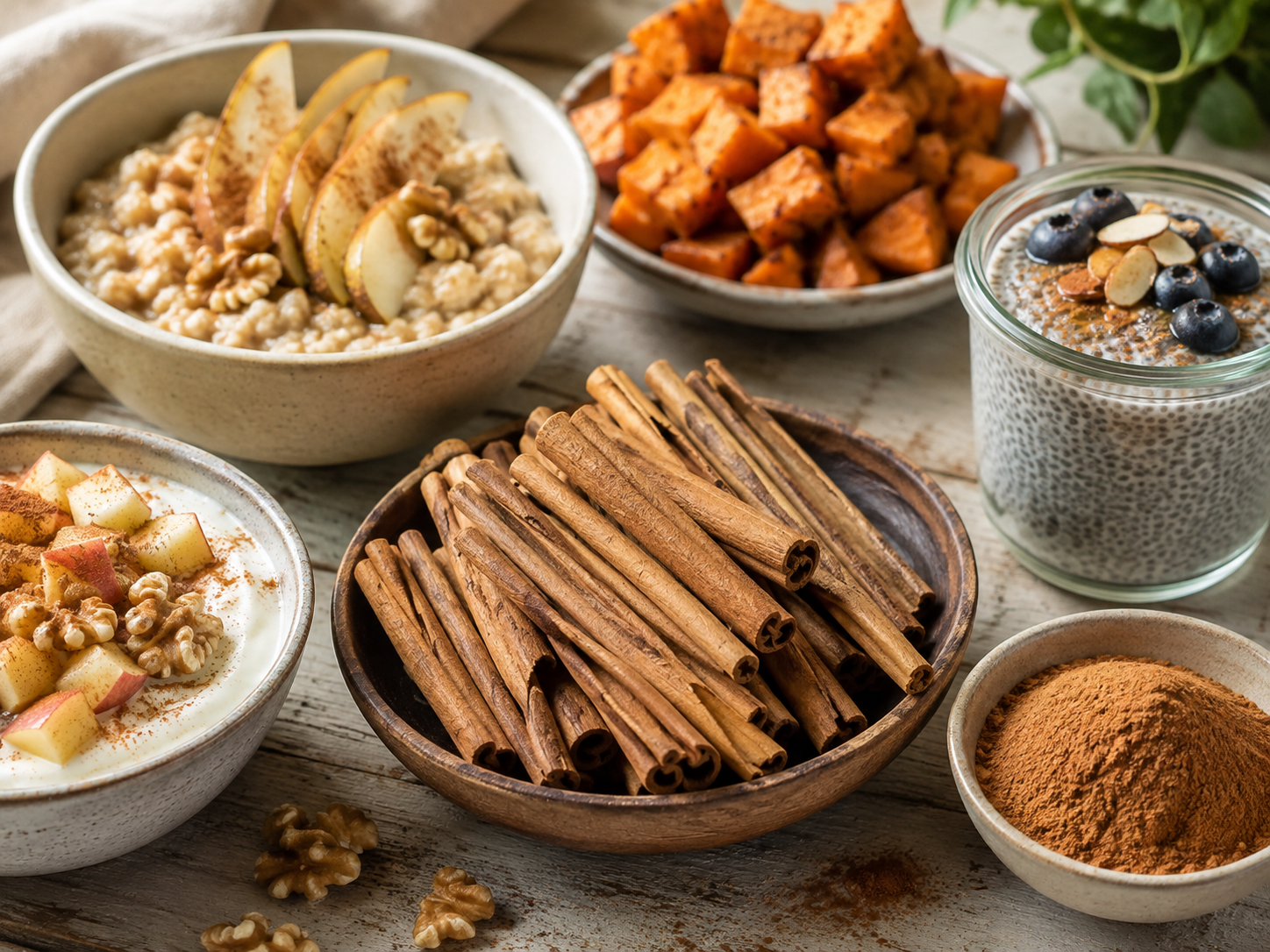 Ceylon cinnamon quills and ground cinnamon with yogurt, oatmeal, chia pudding and roasted sweet potato