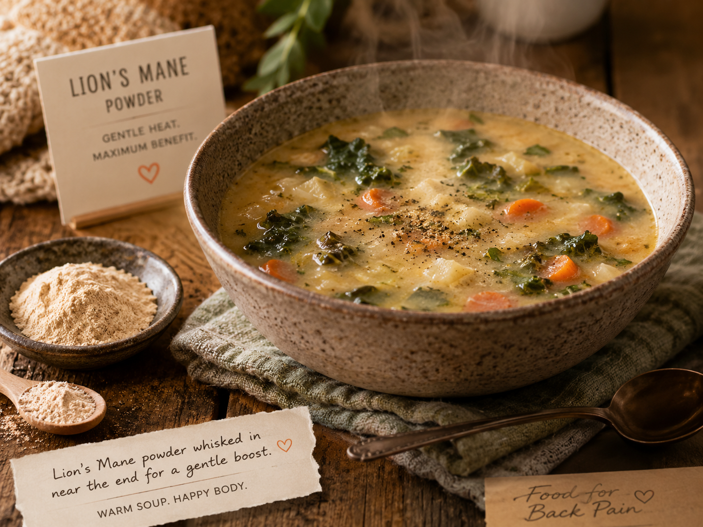 Creamy vegetable soup with lion's mane powder stirred in near the end