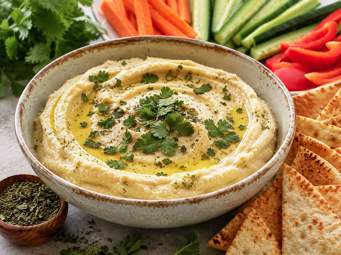 Creamy hummus topped with olive oil and dried cilantro leaf