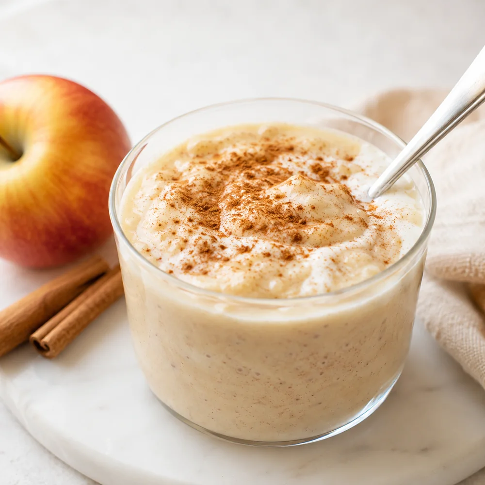 Creamy applesauce and yogurt cup dusted with cinnamon beside a fresh apple