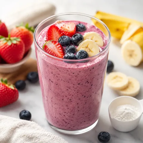 Thick berry banana creatine smoothie topped with strawberries, blueberries and banana