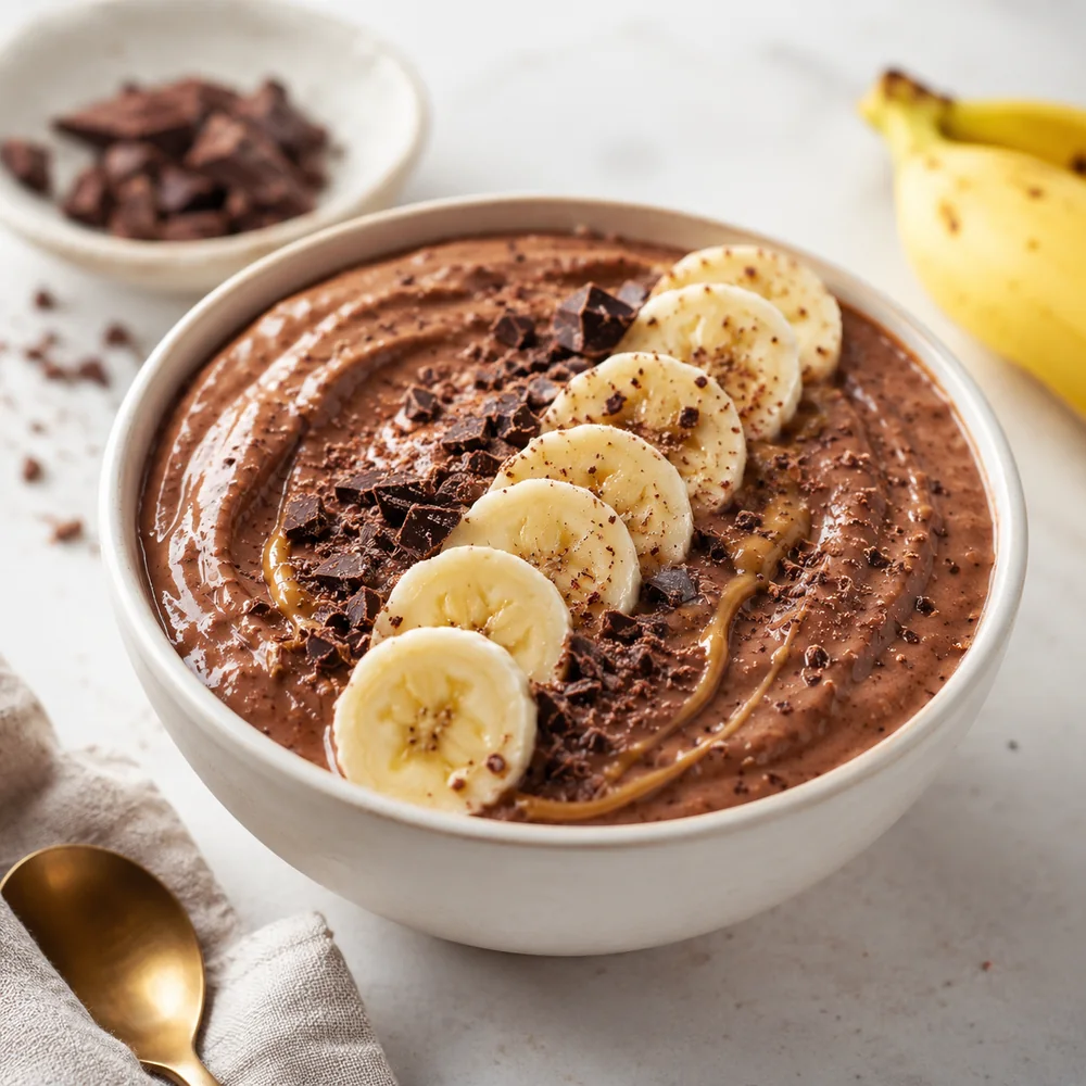 Creamy chocolate banana pudding bowl topped with banana slices and dark chocolate