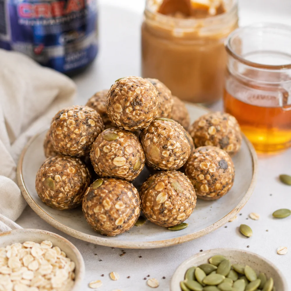 Homemade oat, nut butter and seed energy bites on a ceramic plate