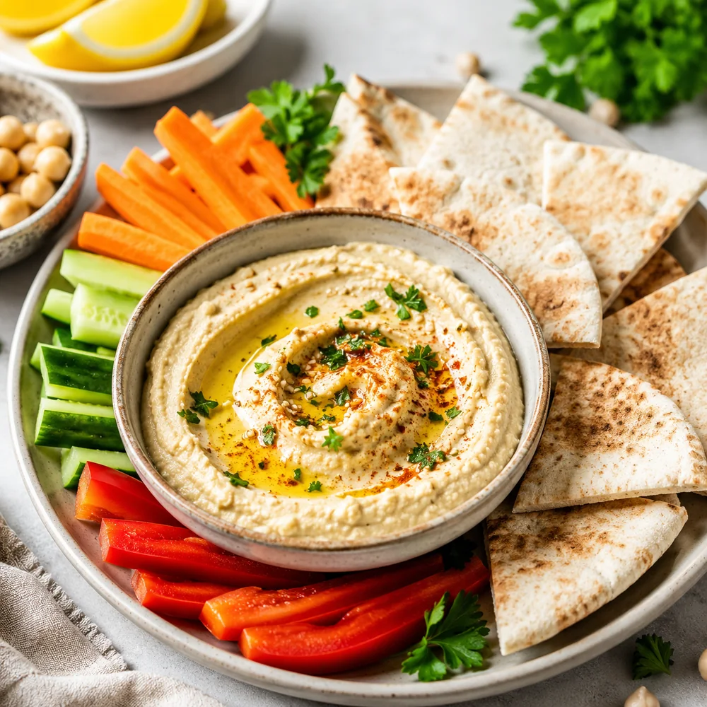 Creamy hummus with pita wedges, carrots, cucumbers and red peppers