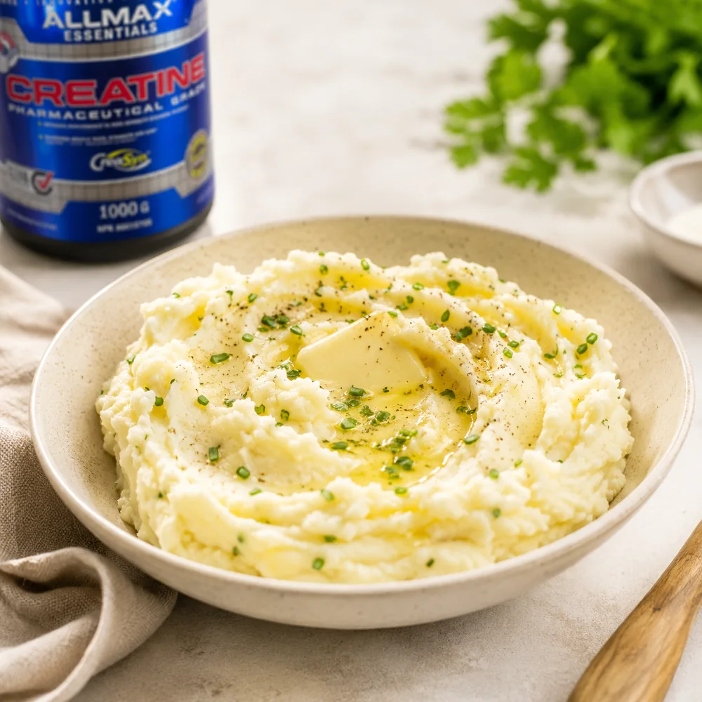 Creamy mashed potatoes with butter, black pepper and chopped chives