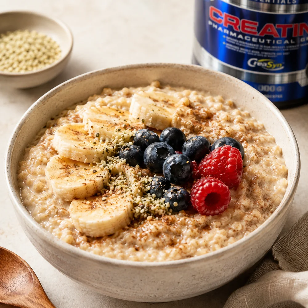 Warm oatmeal topped with banana, blueberries, raspberries, cinnamon and hemp seeds