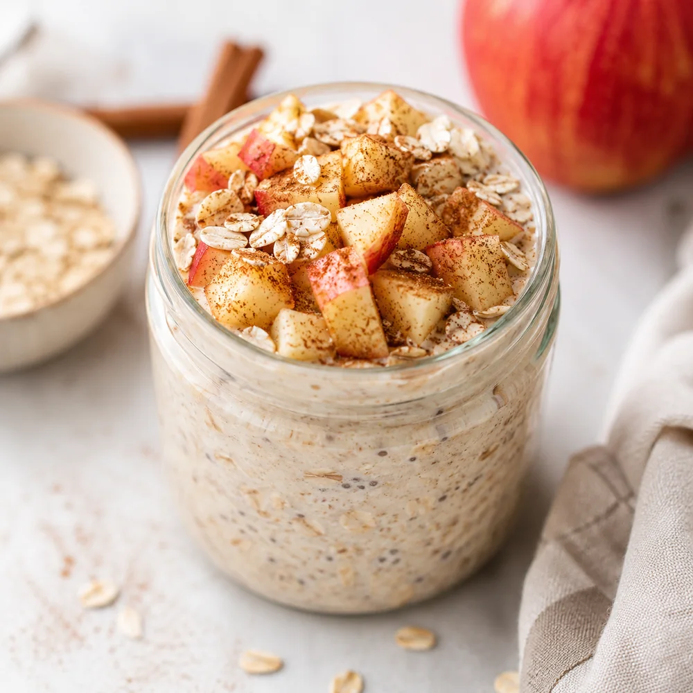Apple cinnamon overnight oats in a glass jar topped with diced apple and oats