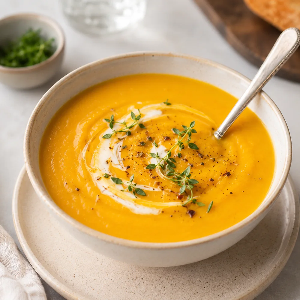Smooth creamy orange vegetable soup garnished with herbs and black pepper