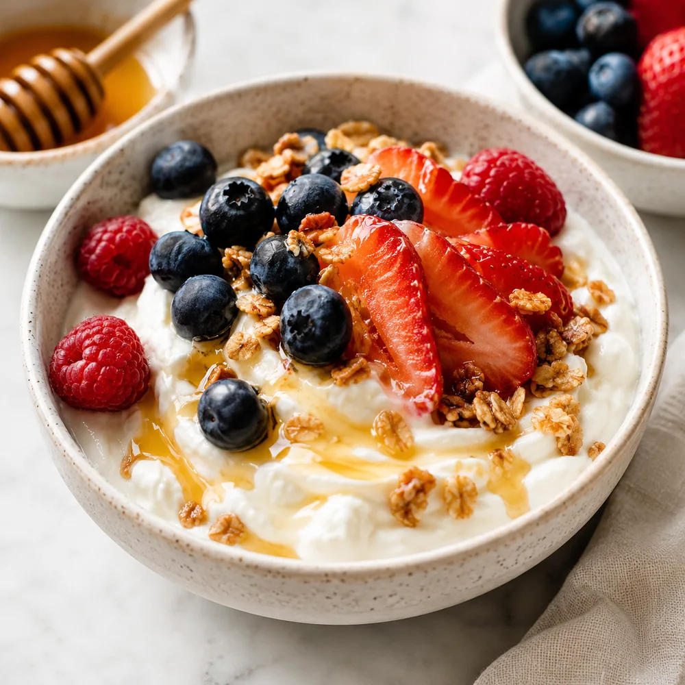 Greek yogurt bowl topped with strawberries, blueberries, raspberries, granola and honey