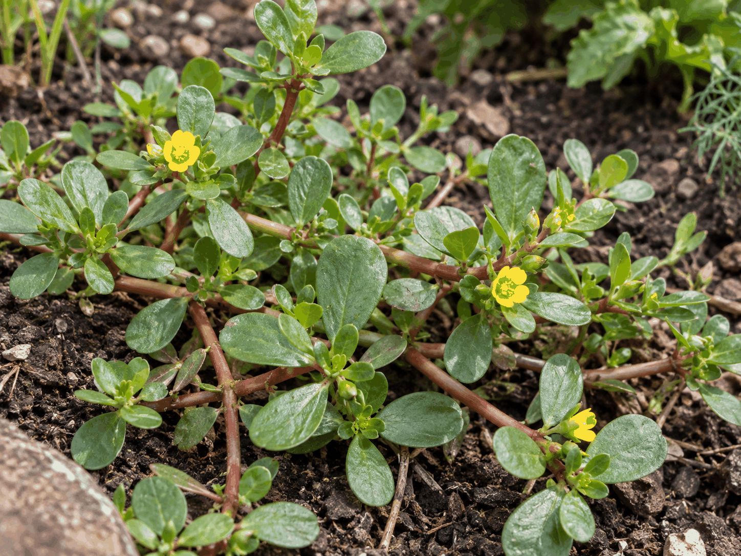 Fresh purslane growing in a garden bed