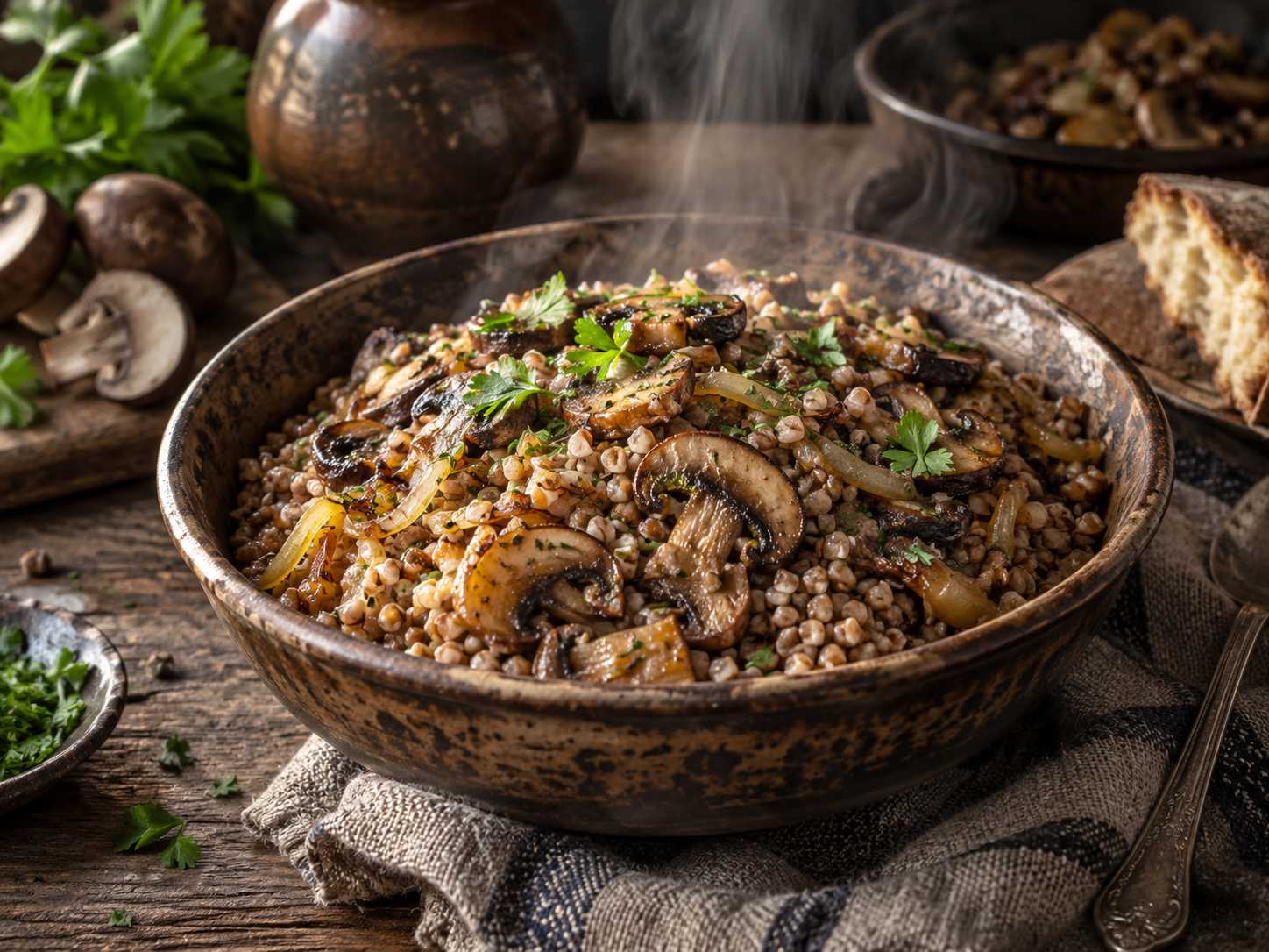 Roasted buckwheat groats with mushrooms and onions.