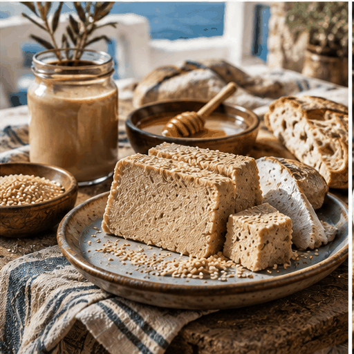 Tahini halva, bread, honey and sesame on a bright Aegean-style table.