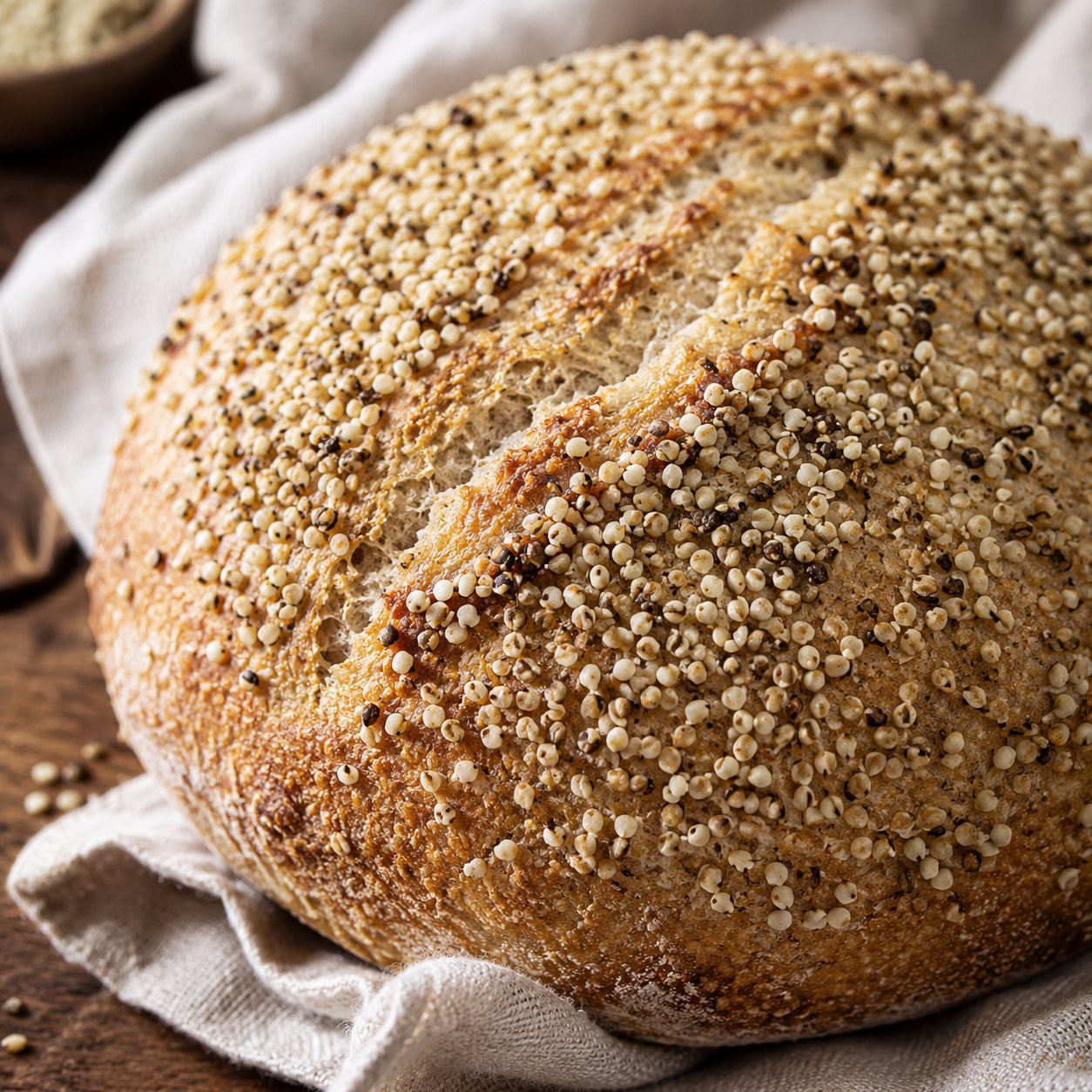 Sourdough bread loaf crusted with hemp seeds