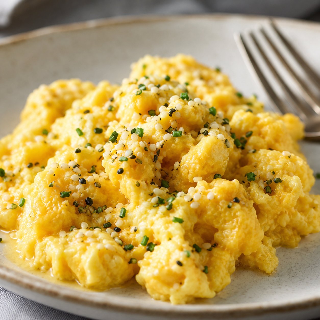 Scrambled eggs topped with hemp seeds