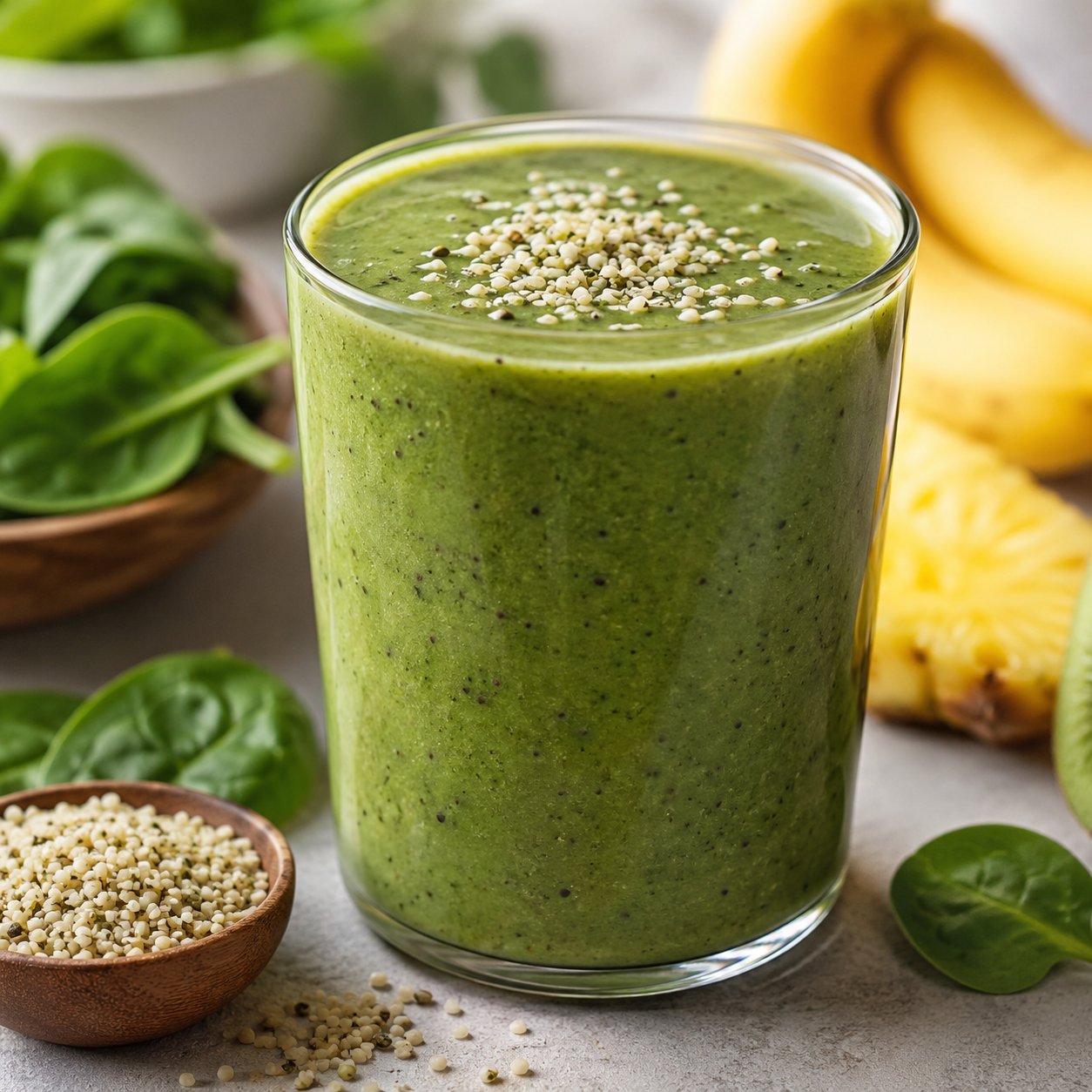 Green smoothie with hemp seeds on top