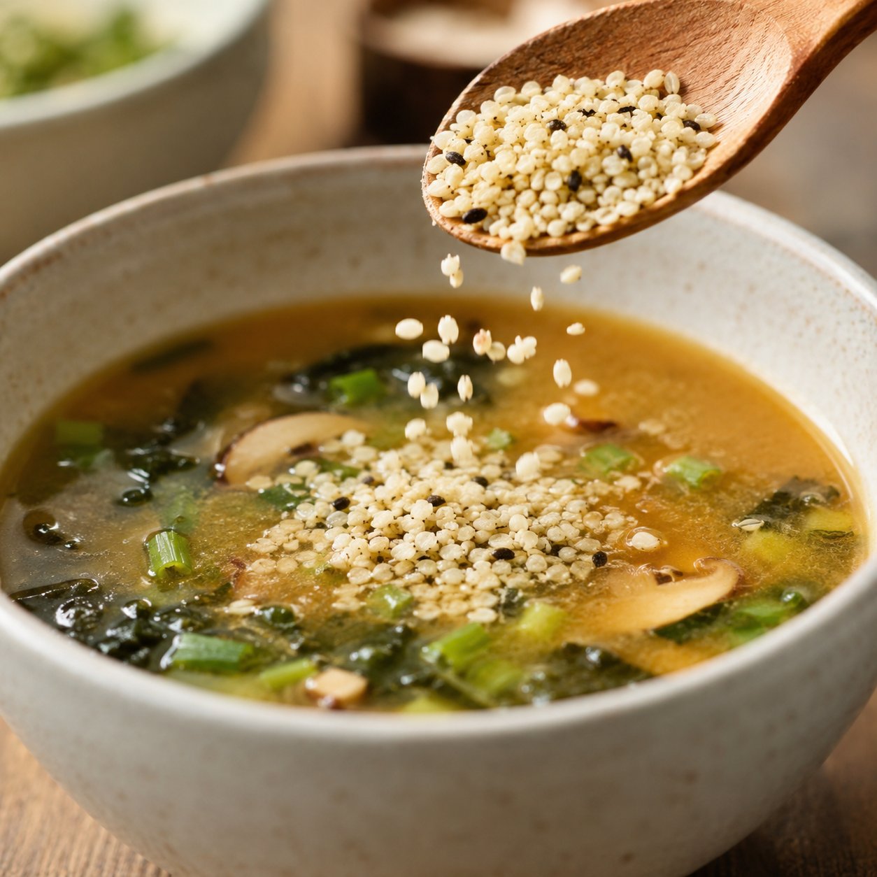 Hemp seeds being spooned into a bowl of miso soup